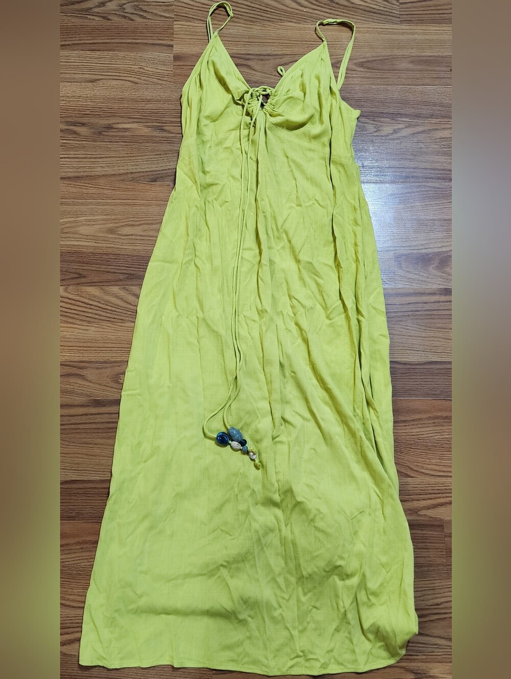 H&M A-Line Slip Dress Women's Green Viscose Maxi Lace Up Open Back Beaded